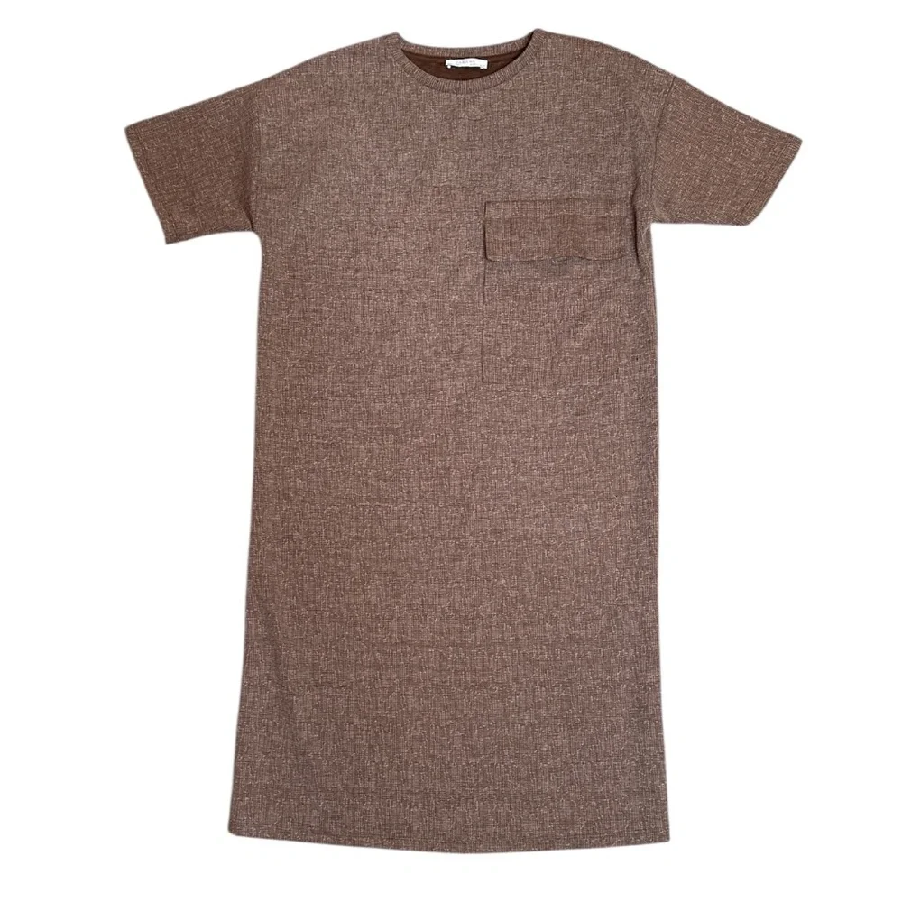Zara basic pocket tee shirt dress brown tweed plaid size small - Picture 1 of 5